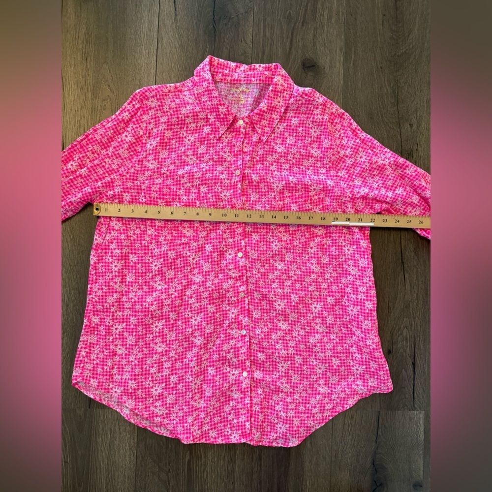 Lilly Pulitzer Sea View linen button-down shirt pink gingham floral Size XL - Picture 8 of 9